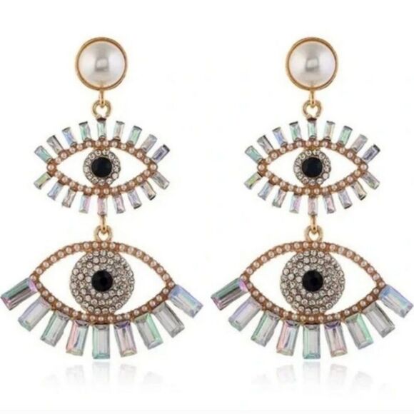 New FOR LOVE AND LEMONS Evil eye irradescent crystal drop earrings - Picture 1 of 10